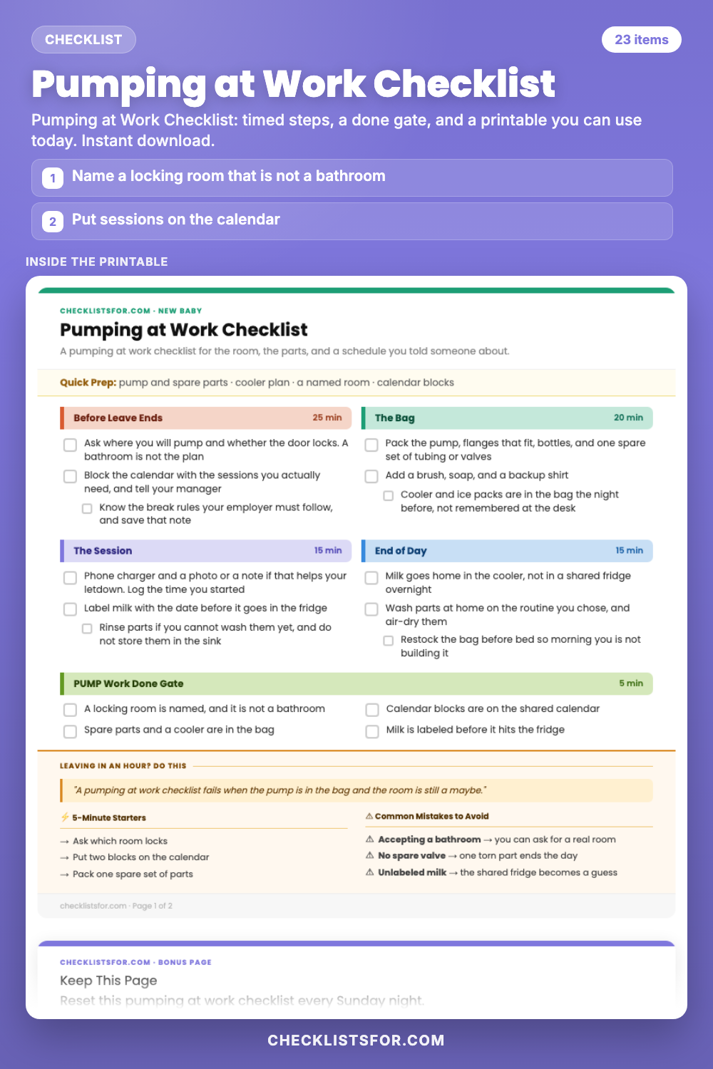 Pumping at Work Checklist cover, interactive checklist