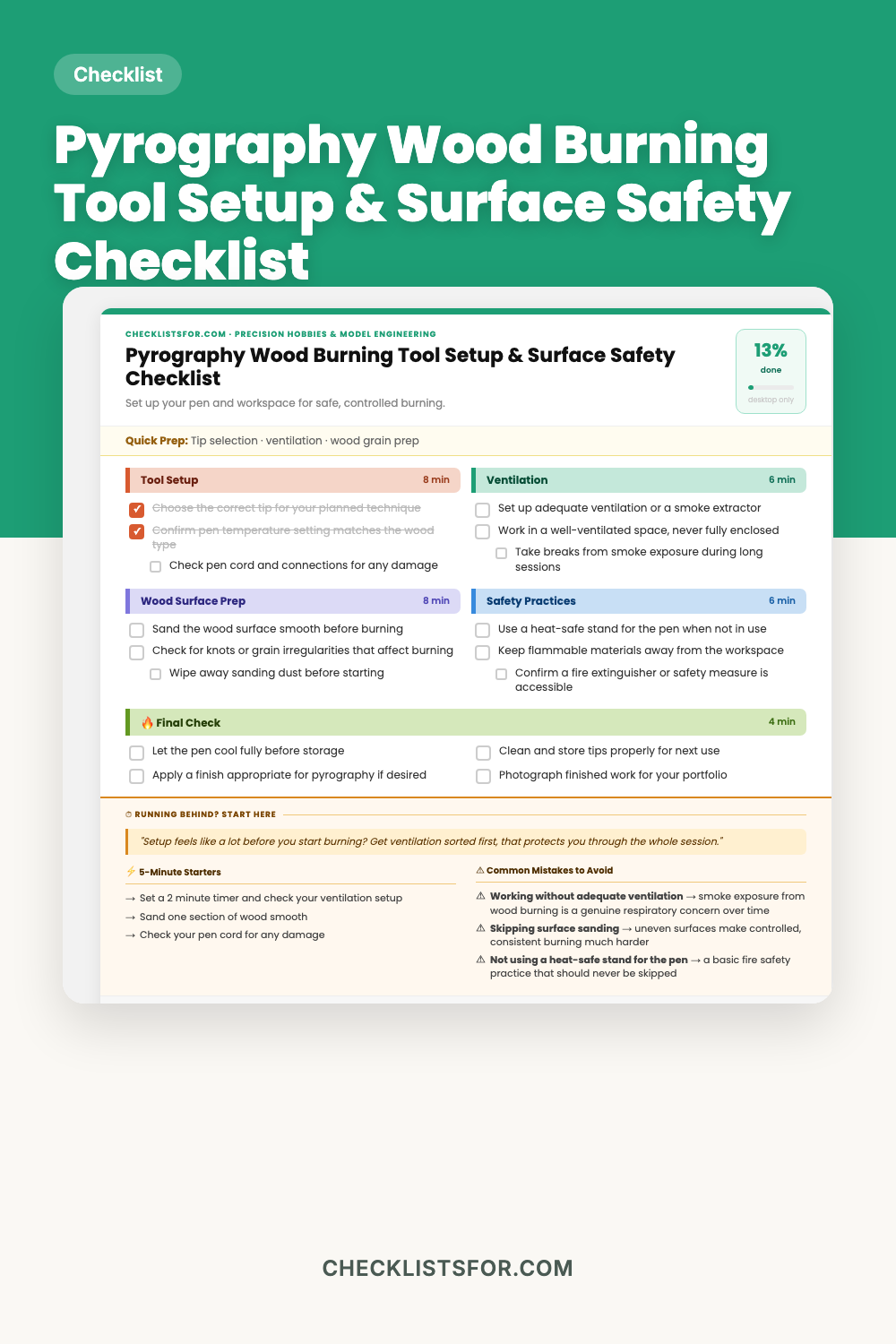 Pyrography Wood Burning Tool Setup & Surface Safety Checklist