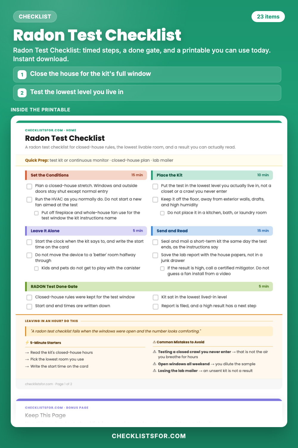 Radon Test Checklist