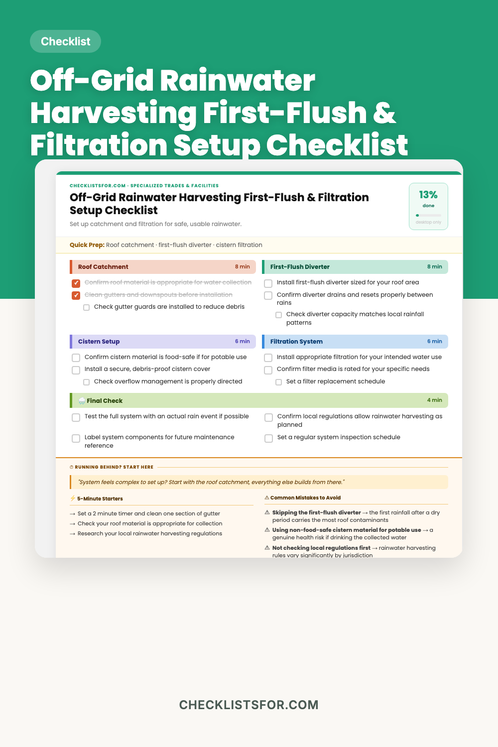 Off-Grid Rainwater Harvesting First-Flush & Filtration Setup Checklist cover
