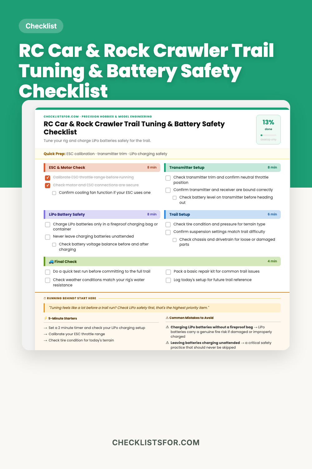 RC Car & Rock Crawler Trail Tuning & Battery Safety Checklist