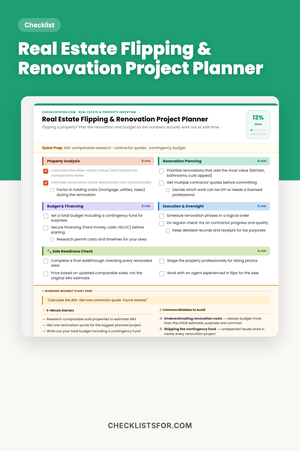 Real Estate Flipping & Renovation Project Planner cover, interactive checklist