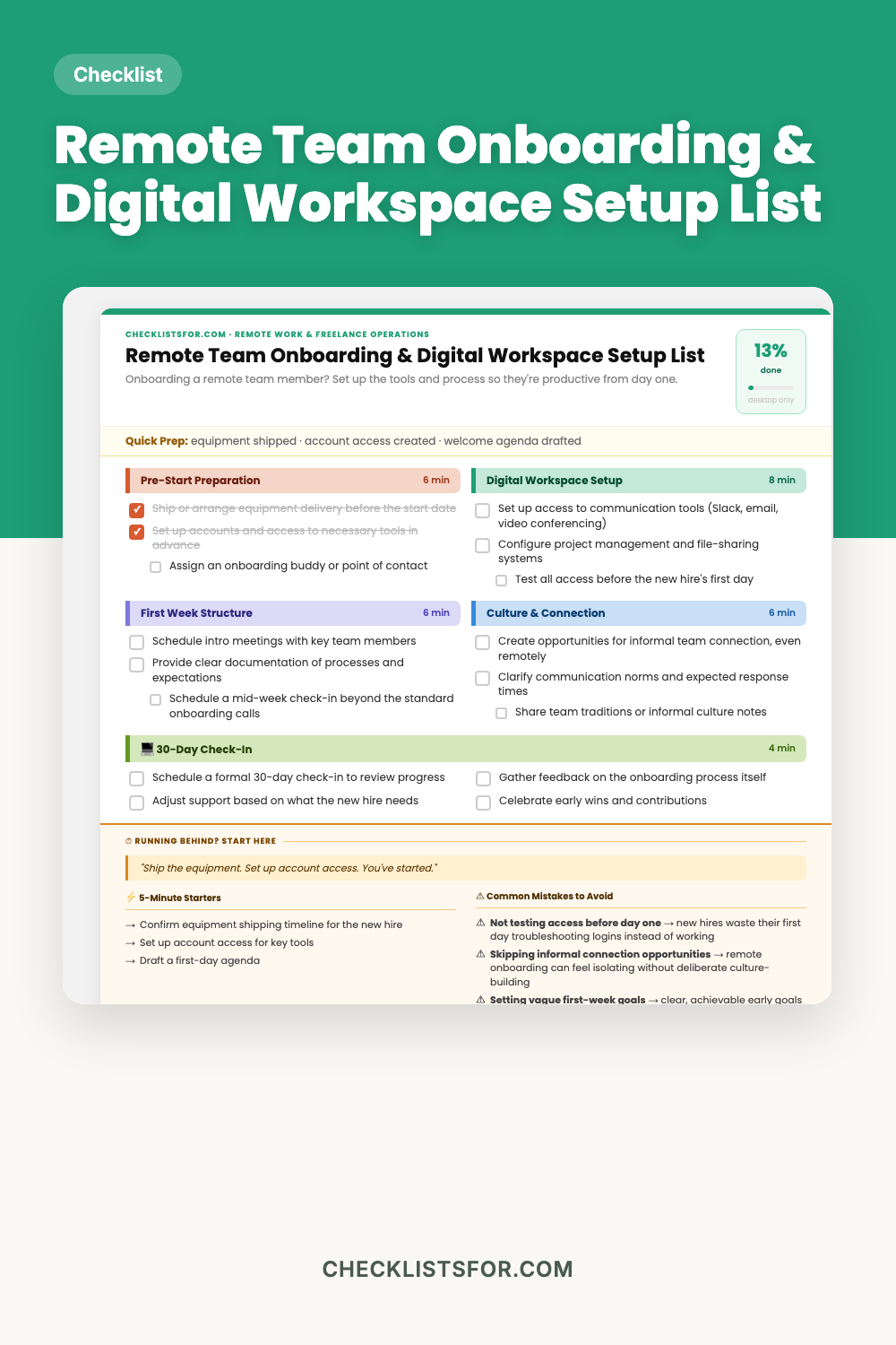 Remote Team Onboarding & Digital Workspace Setup List cover, interactive checklist