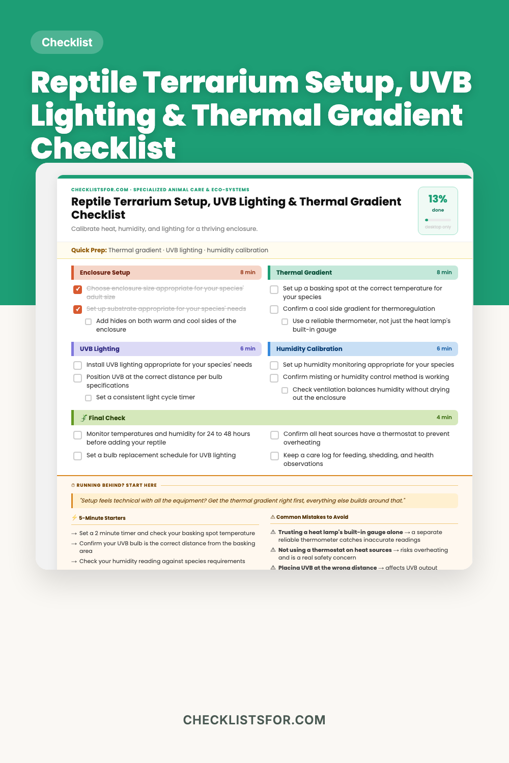 Reptile Terrarium Setup, UVB Lighting & Thermal Gradient Matrix Checklist cover