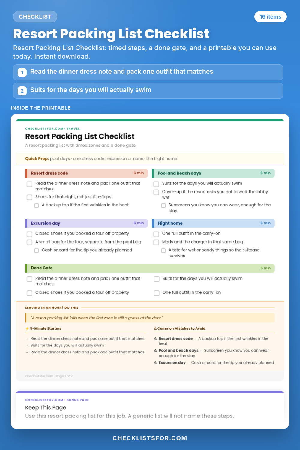 Resort Packing List Checklist