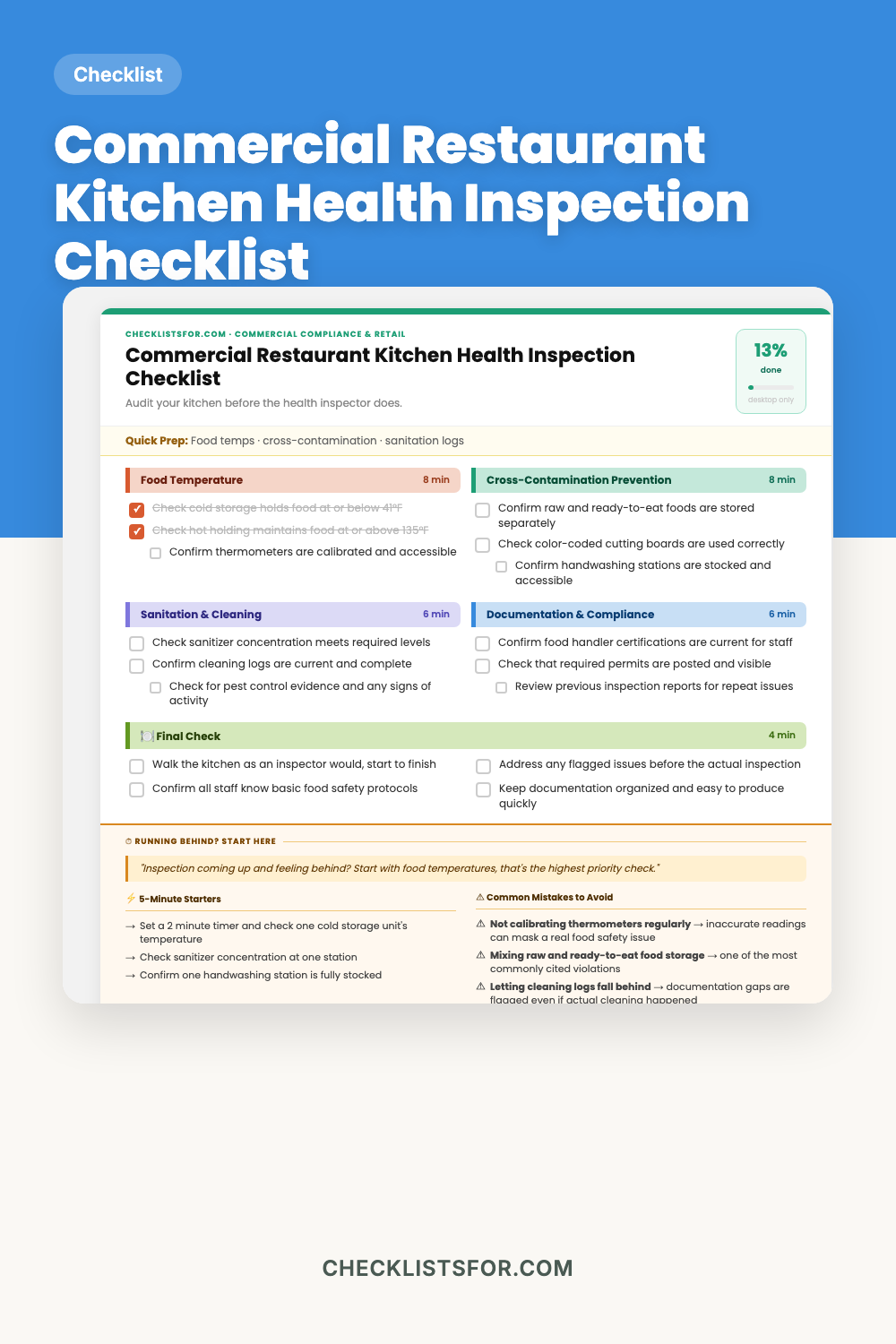 Commercial Restaurant Kitchen Health Inspection Audit Checklist cover