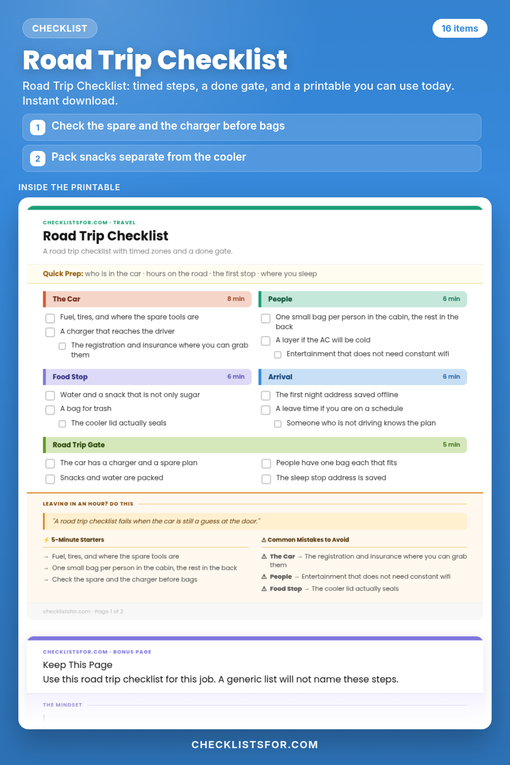 Road Trip Checklist cover, interactive checklist