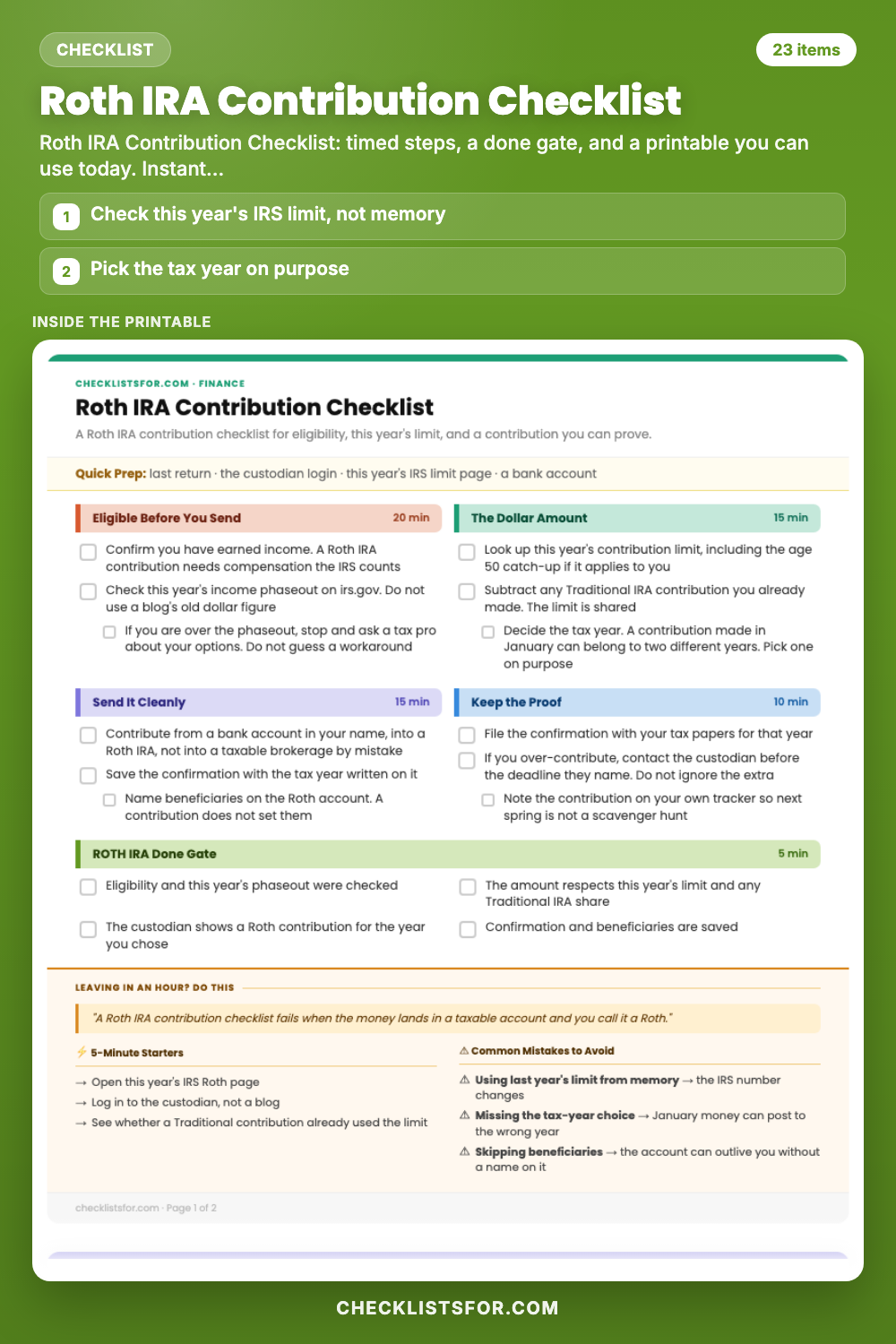 Roth IRA Contribution Checklist cover, interactive checklist