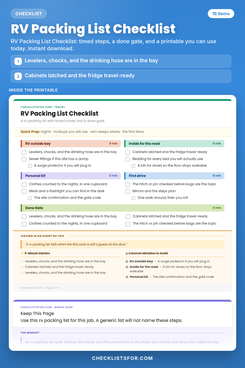 RV Packing List Checklist cover, interactive checklist