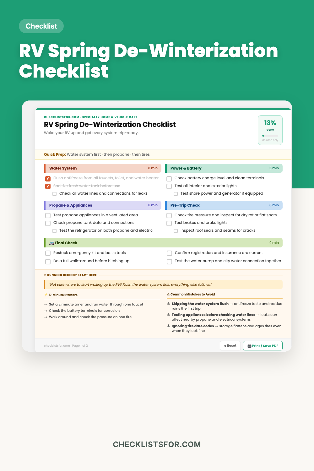 RV Spring De-Winterization Checklist cover, pre-trip system check