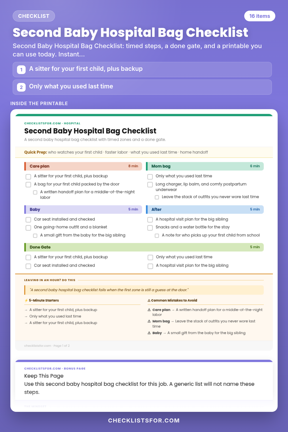 Second Baby Hospital Bag Checklist cover, interactive checklist