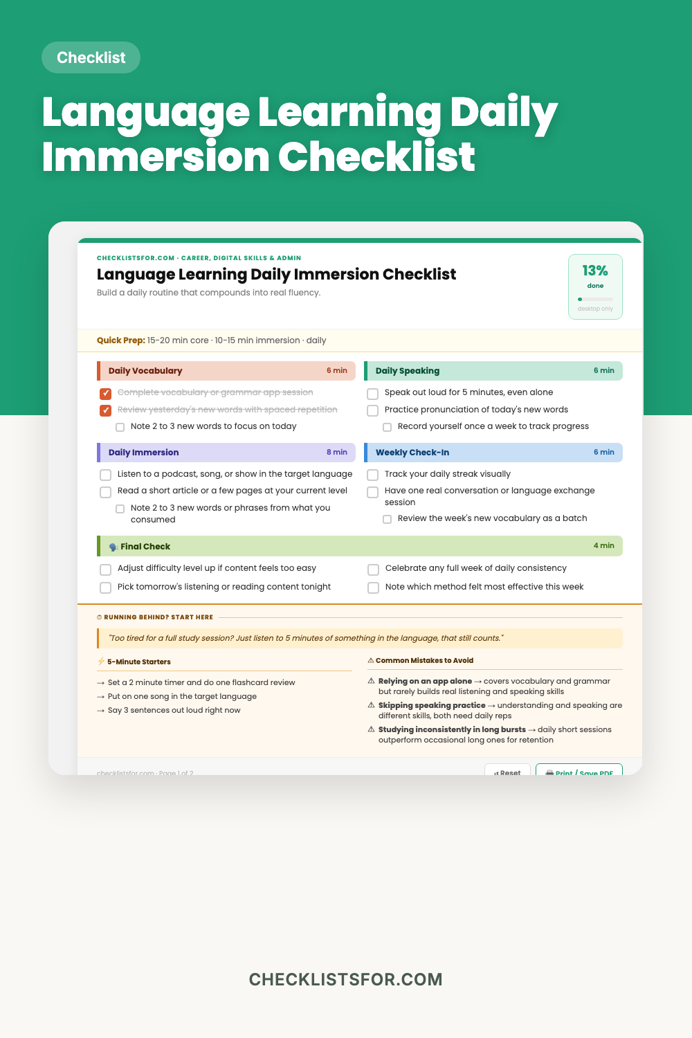 Self-Guided Language Learning Daily Immersion Routine Checklist cover