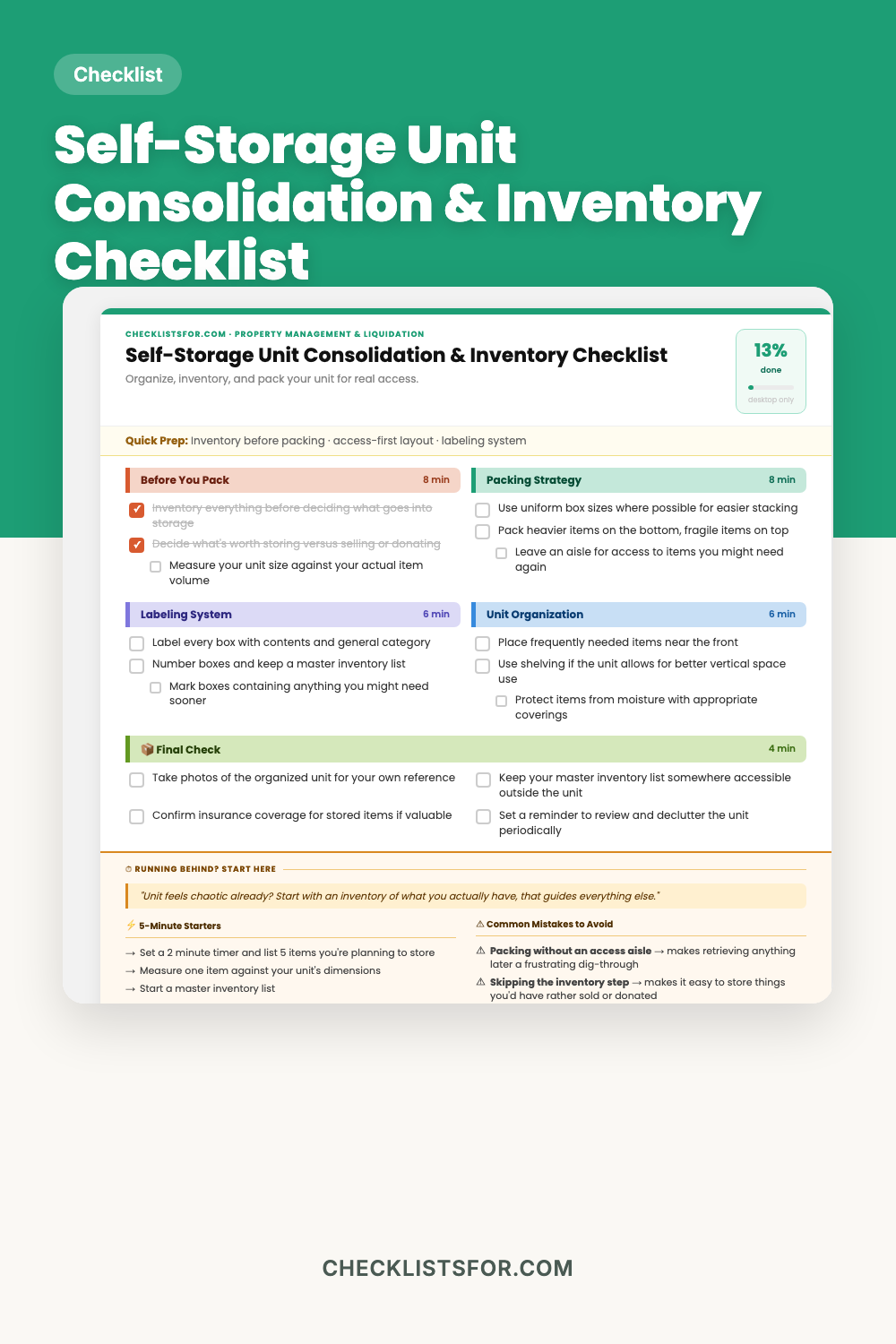 Self-Storage Unit Consolidation, Inventory & Packing Matrix Checklist cover