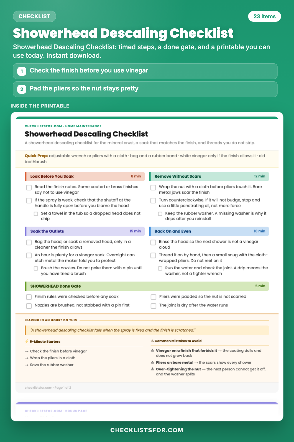 Showerhead Descaling Checklist cover, interactive checklist