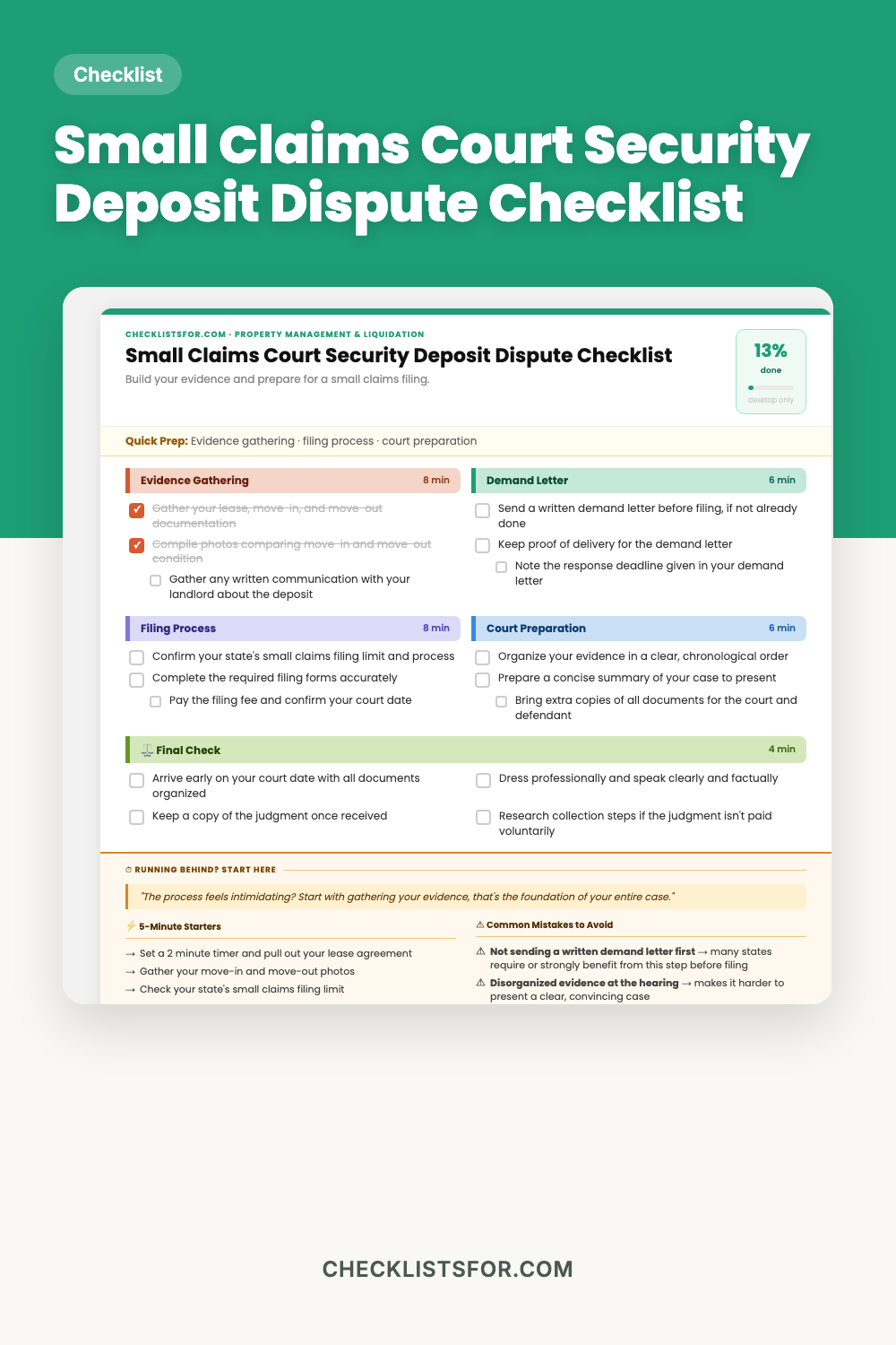 Landlord Security Deposit Dispute & Small Claims Court Prep Checklist cover