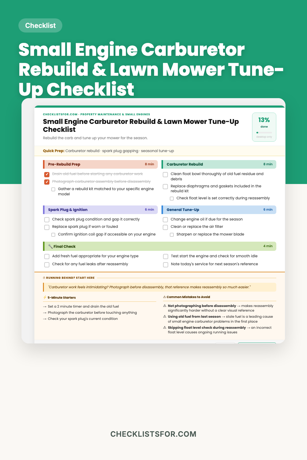 Small Engine Carburetor Rebuild & Lawn Mower Tune-Up Checklist cover