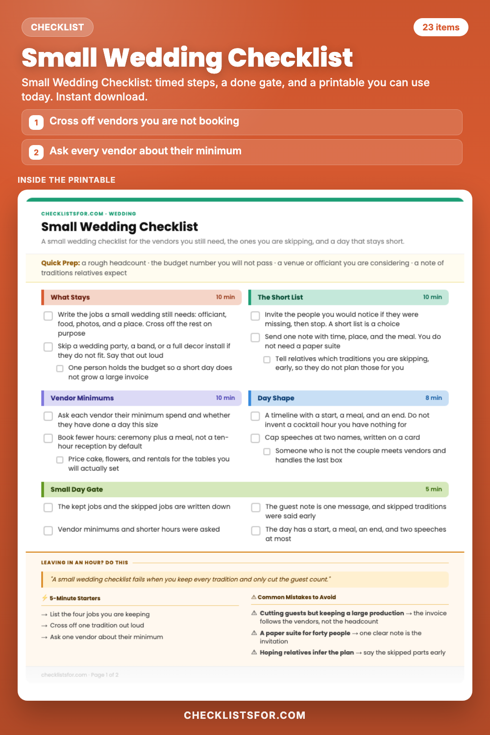 Small Wedding Checklist cover, interactive checklist