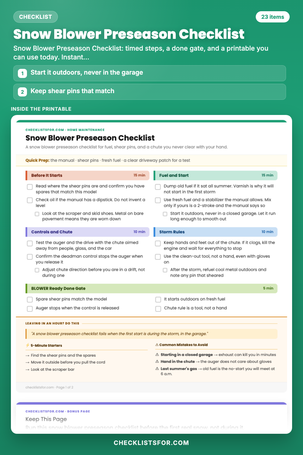 Snow Blower Preseason Checklist cover, interactive checklist