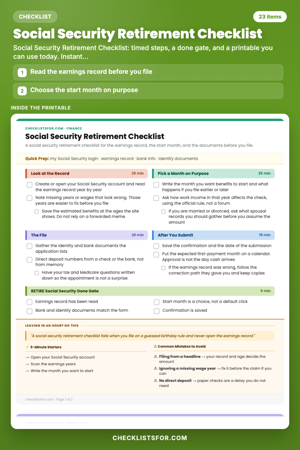 Social Security Retirement Checklist cover, interactive checklist