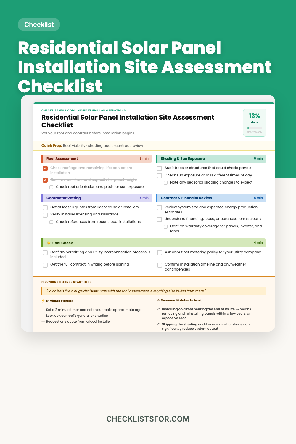 Residential Solar Panel Installation Site Assessment & Audit Checklist cover