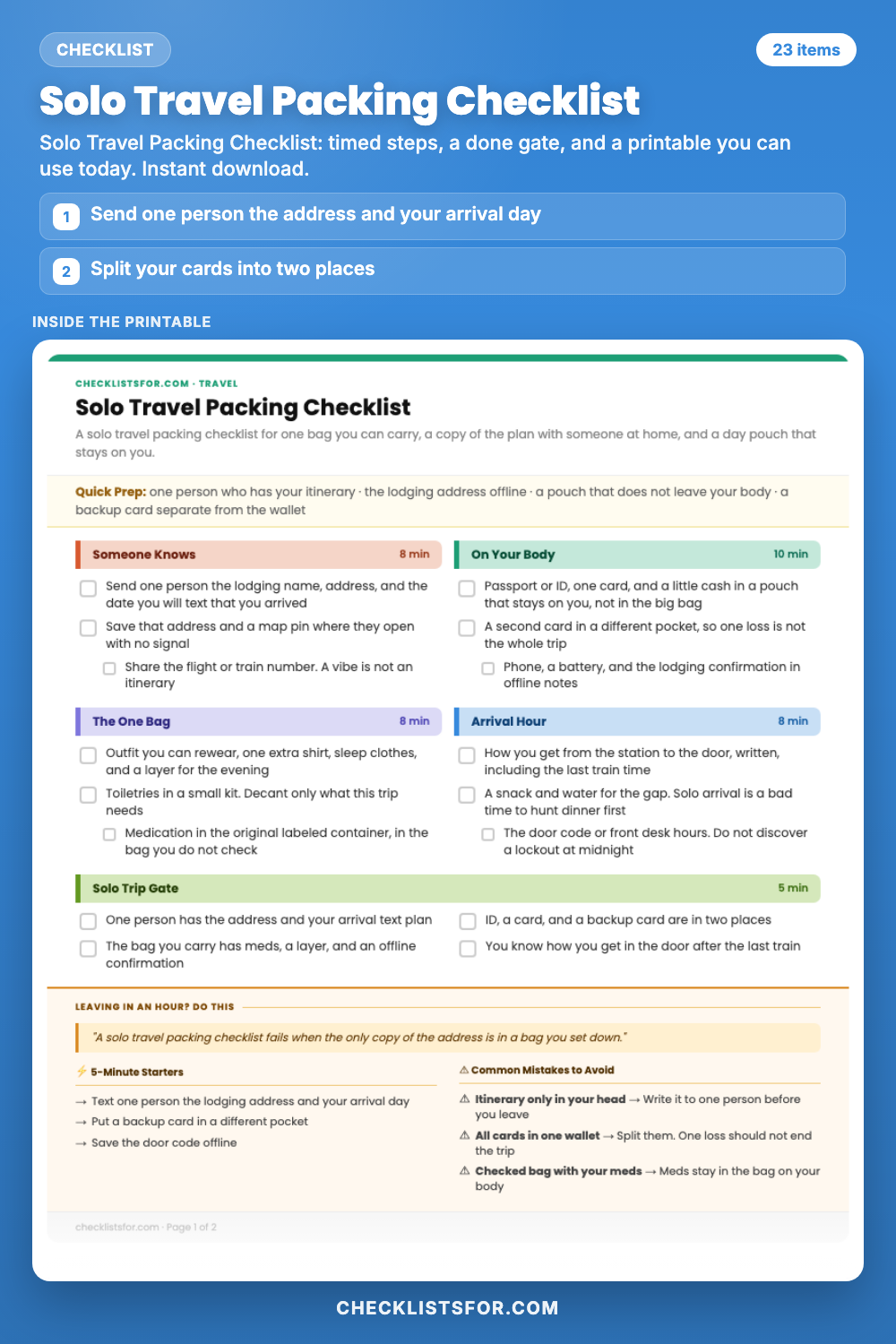 Solo Travel Packing Checklist cover, interactive checklist