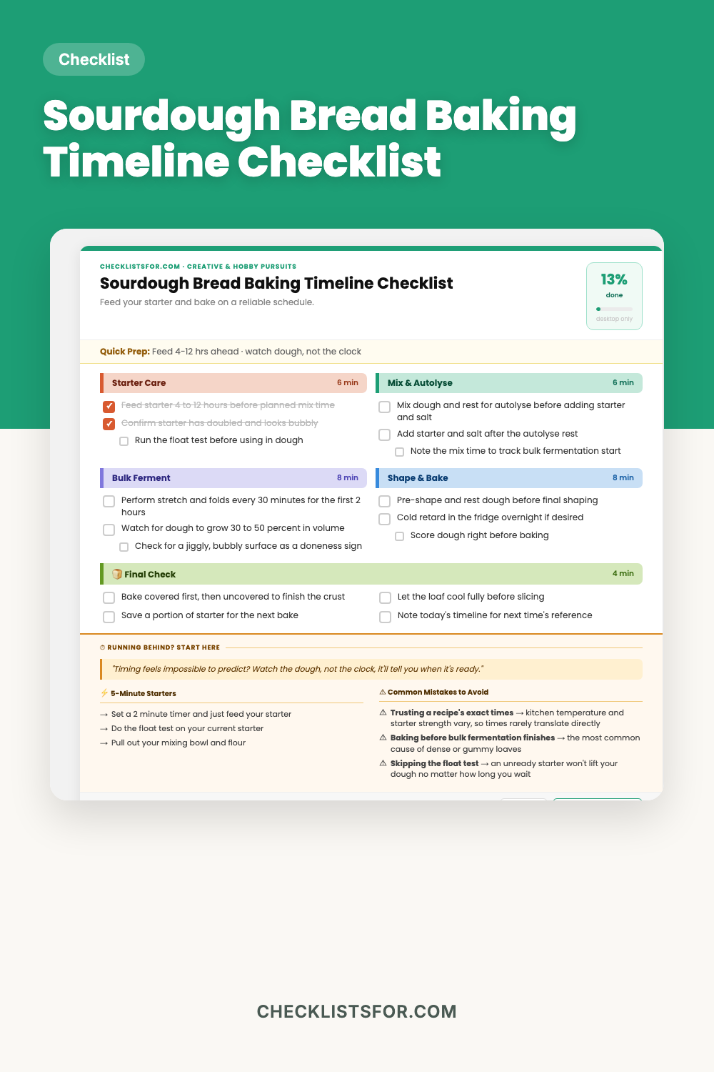 Sourdough Bread Baking Timeline Checklist cover, starter care tracker