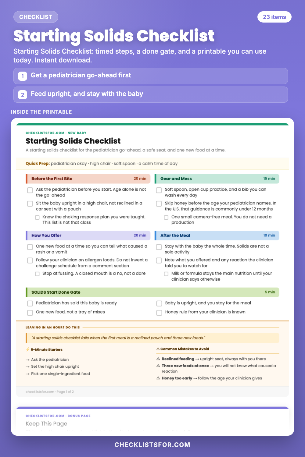 Starting Solids Checklist cover, interactive checklist