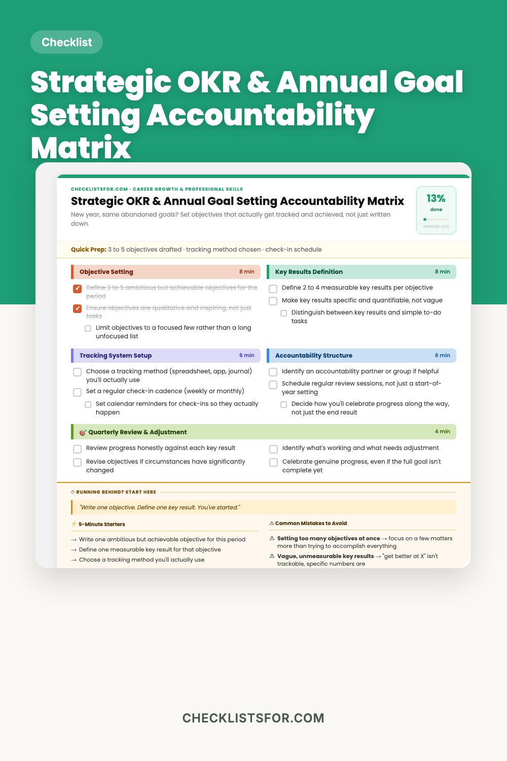 Strategic OKR & Annual Goal Setting Accountability Matrix cover, interactive checklist