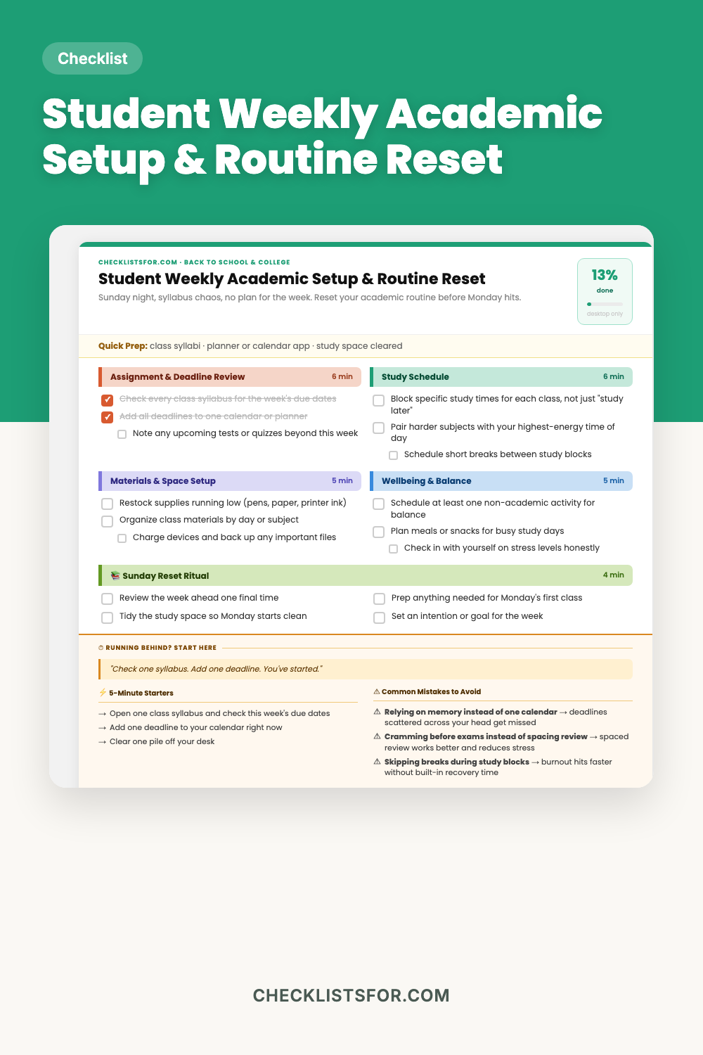 Student Weekly Academic Setup & Routine Reset