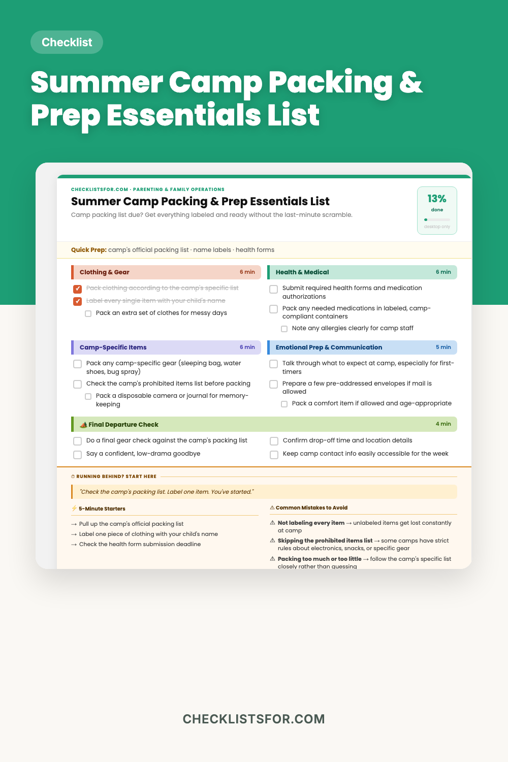 Summer Camp Packing & Prep Essentials List cover, interactive checklist