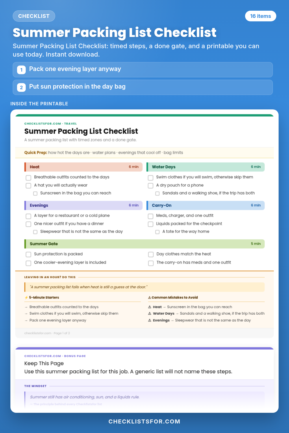 Summer Packing List Checklist cover, interactive checklist
