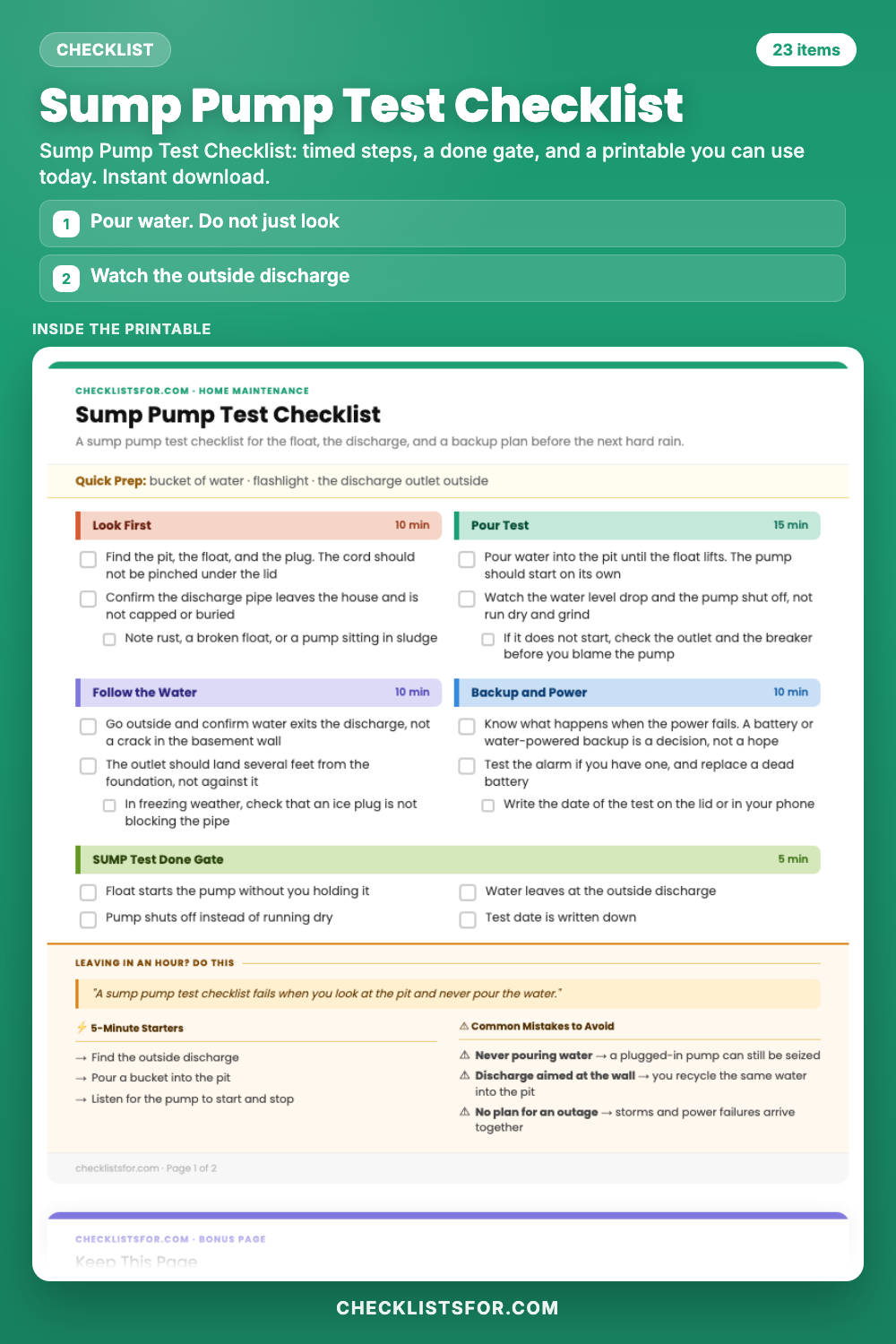 Sump Pump Test Checklist