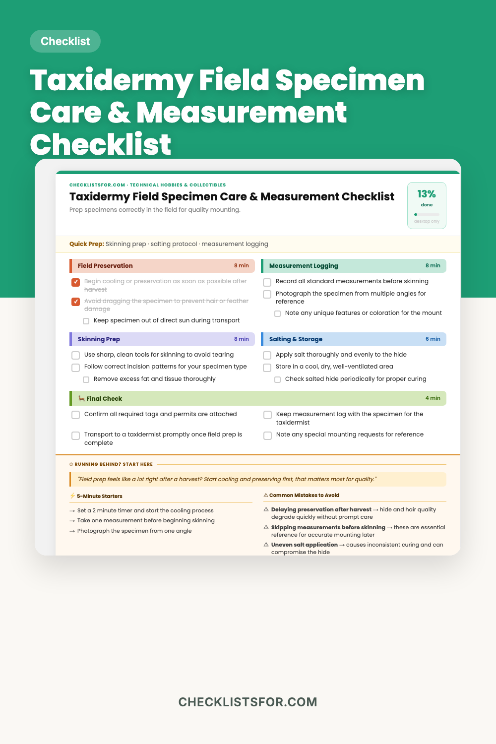Taxidermy Field Specimen Care & Anatomical Measurement Log Checklist cover