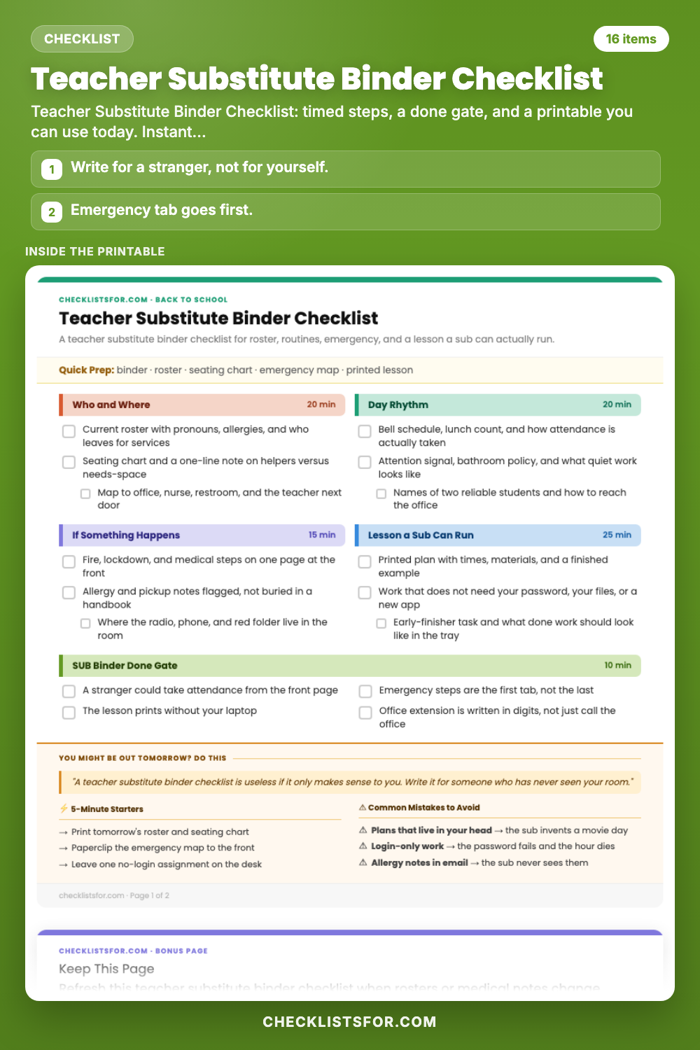 Teacher Substitute Binder Checklist cover, interactive checklist