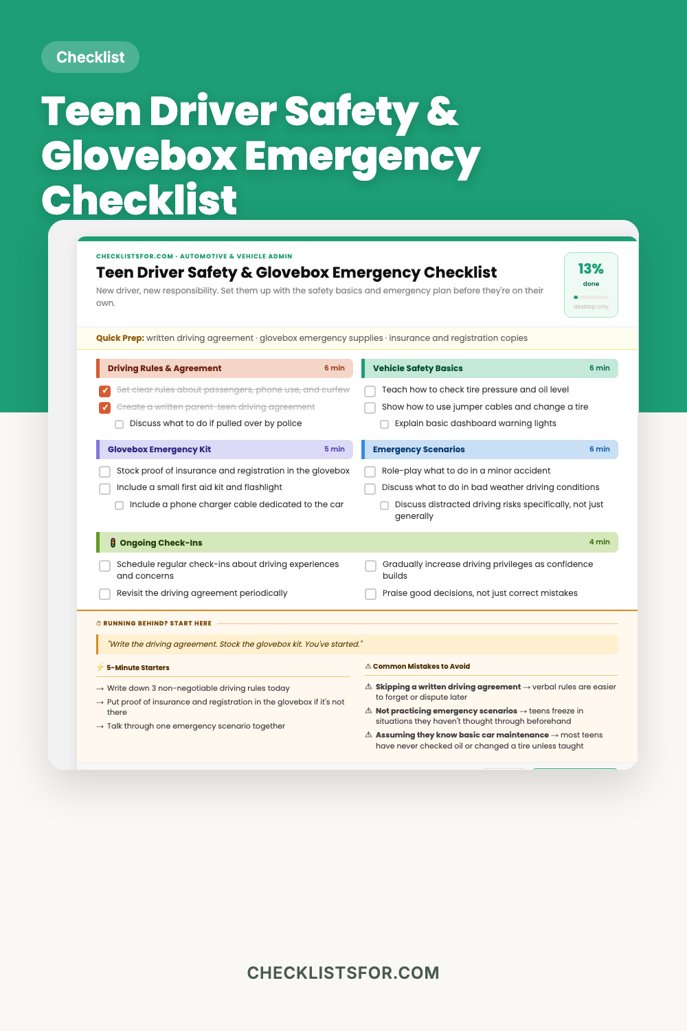Teen Driver Safety & Glovebox Emergency Checklist