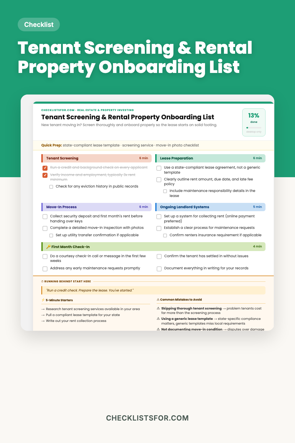 Tenant Screening & Rental Property Onboarding List cover, interactive checklist