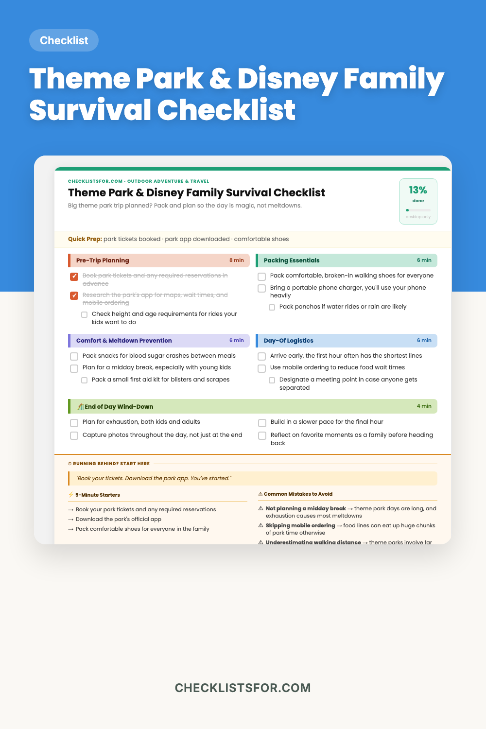 Theme Park & Disney Family Survival Checklist cover, interactive checklist
