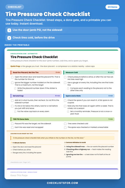 Tire Pressure Check Checklist