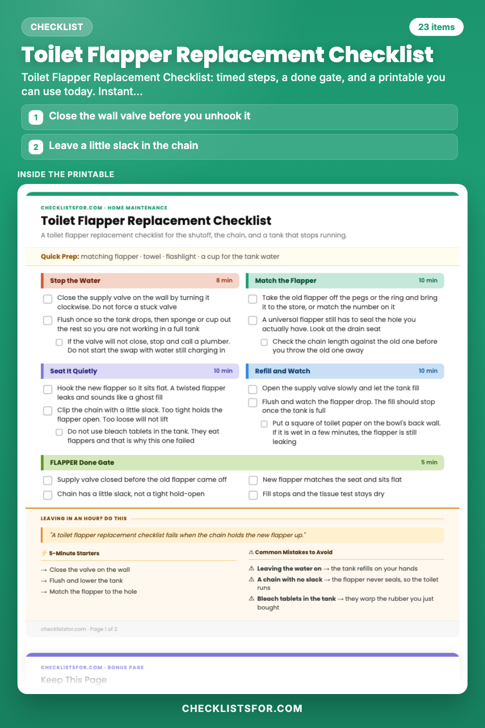 Toilet Flapper Replacement Checklist cover, interactive checklist