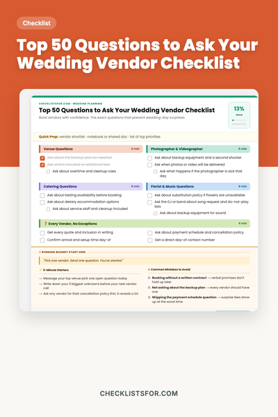 Top 50 Questions to Ask Your Wedding Vendor Checklist