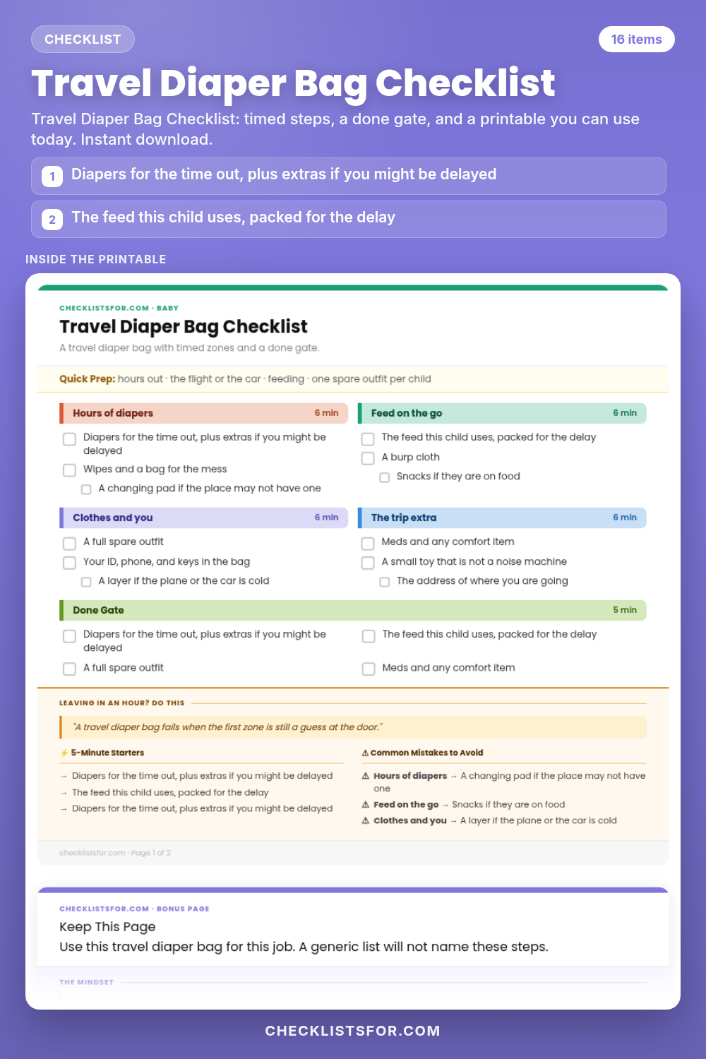 Travel Diaper Bag Checklist cover, interactive checklist