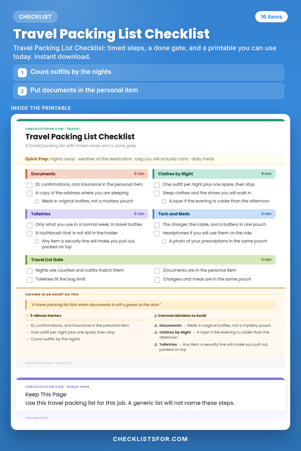Travel Packing List Checklist cover, interactive checklist