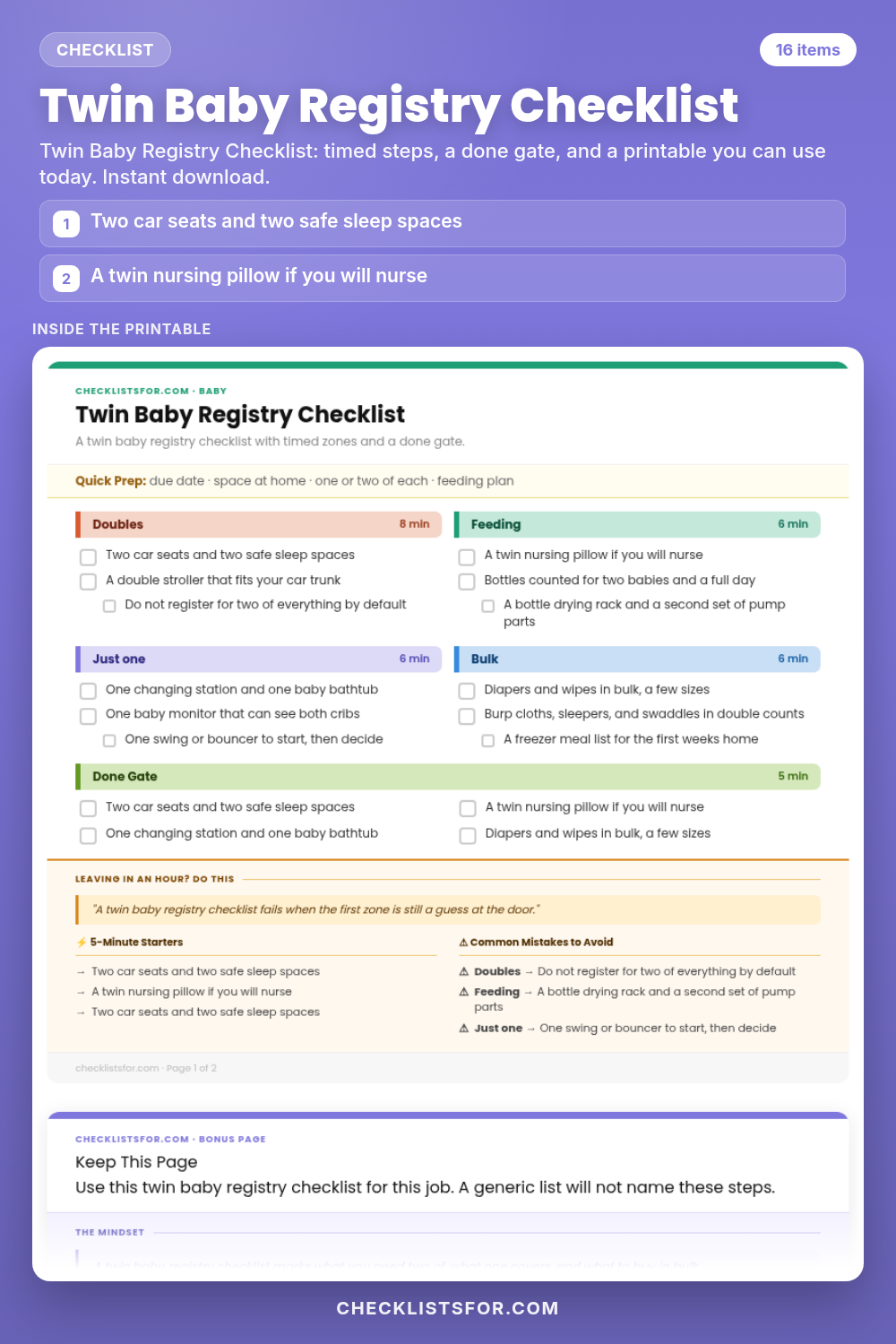 Twin Baby Registry Checklist cover, interactive checklist