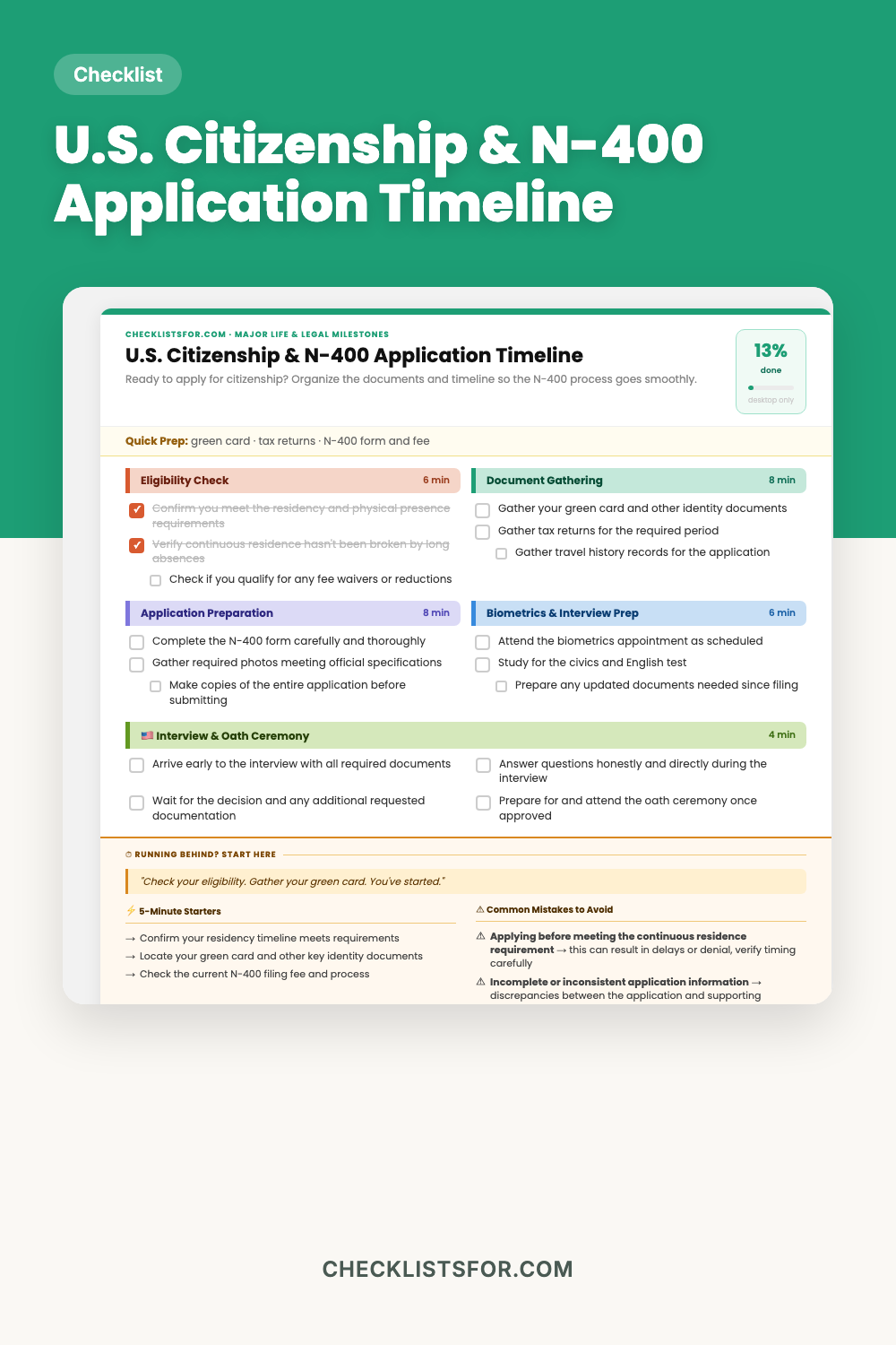 U.S. Citizenship & N-400 Application Timeline cover, interactive checklist