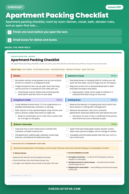 Apartment Packing Checklist cover, interactive checklist