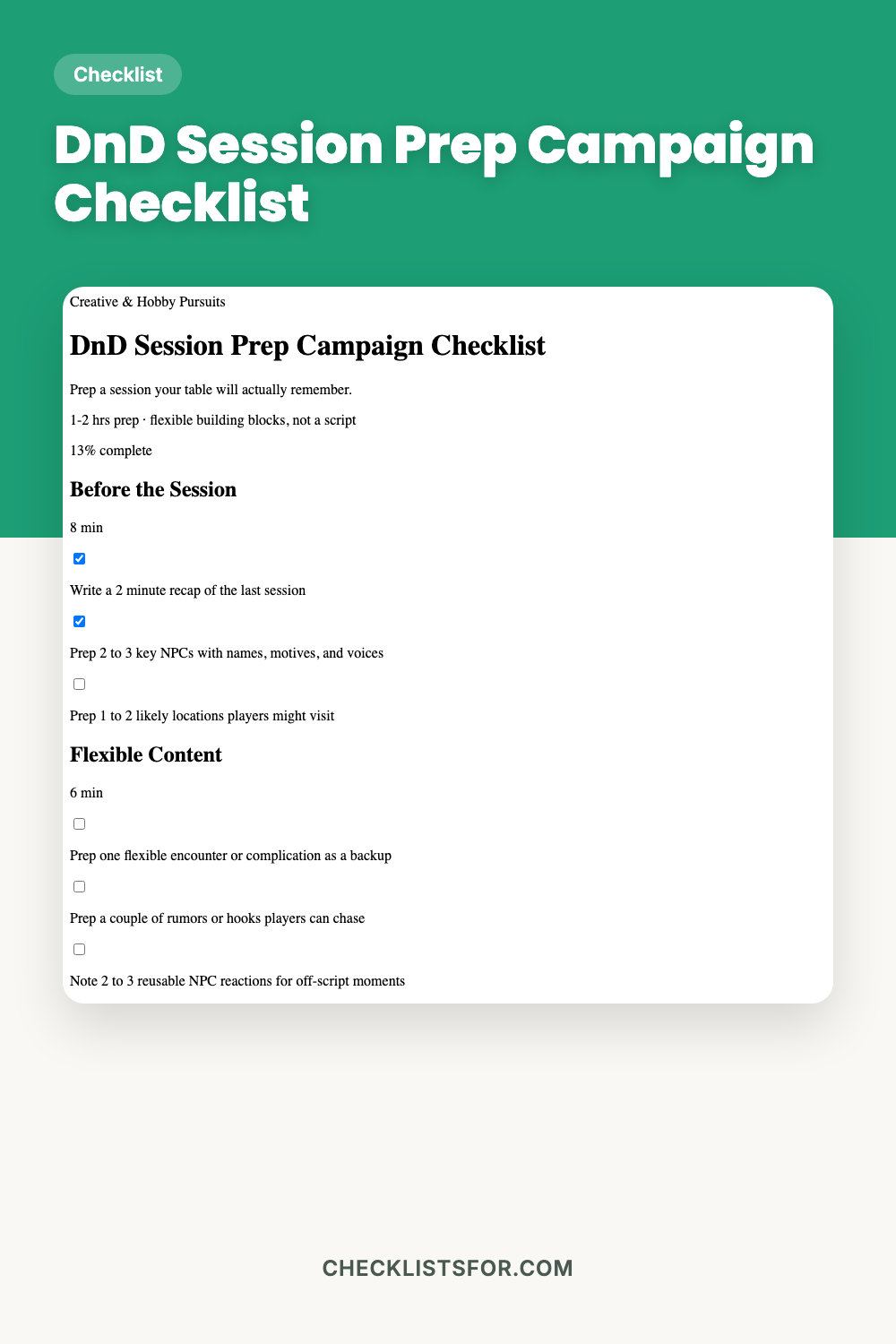 DnD Session Prep Campaign Checklist