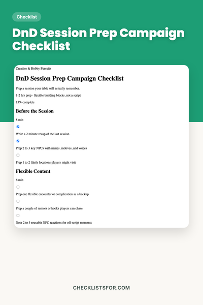 DnD Session Prep Campaign Checklist