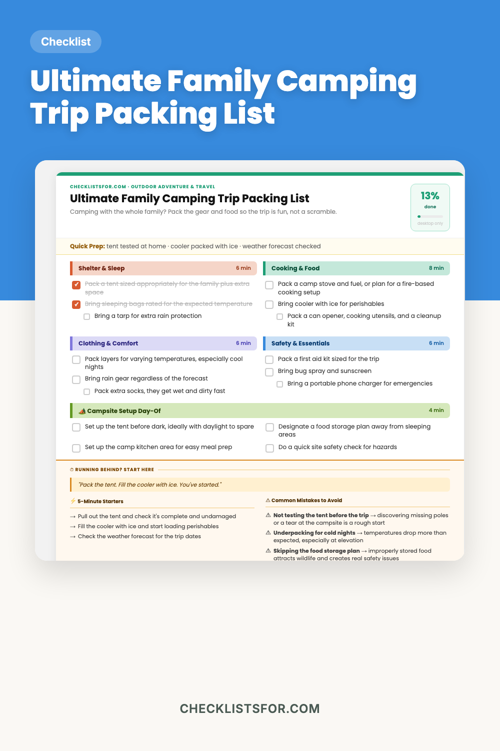 Ultimate Family Camping Trip Packing List cover, interactive checklist