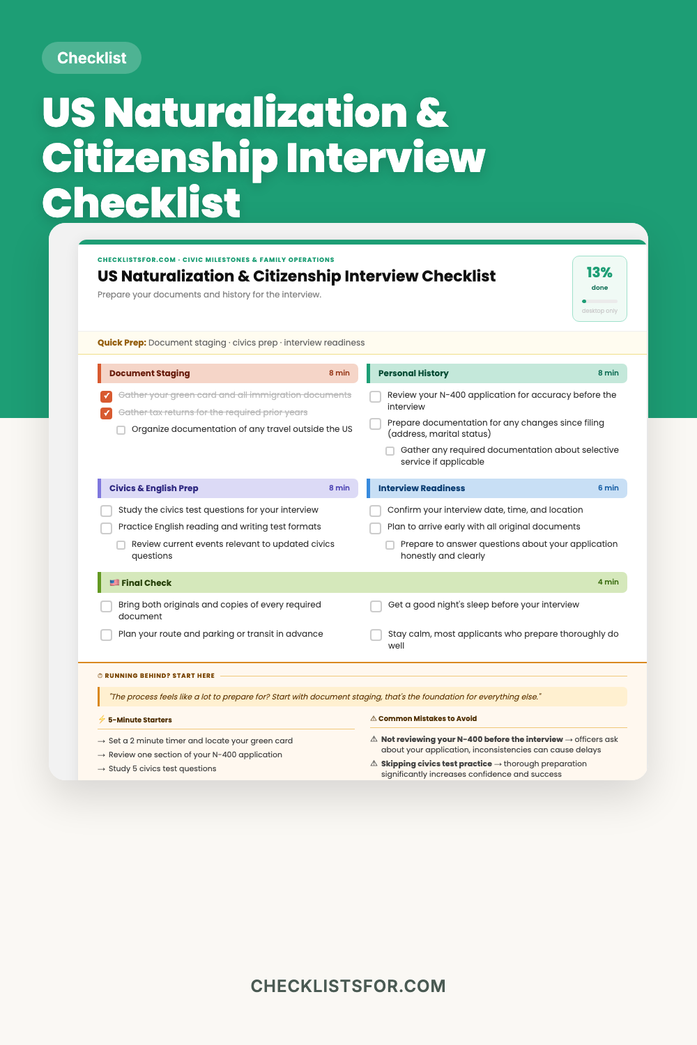 US Naturalization & Citizenship Interview Document Preparation Checklist cover