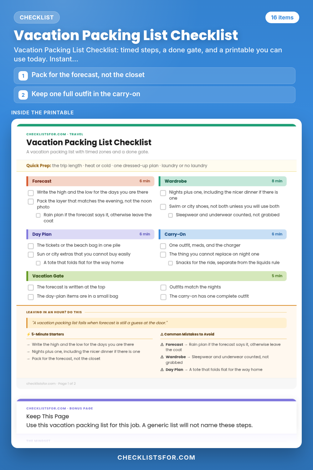 Vacation Packing List Checklist cover, interactive checklist